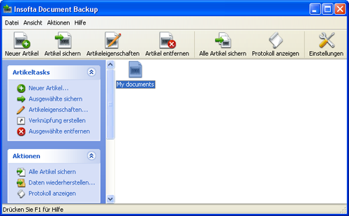 Document Backup: Hauptfenster