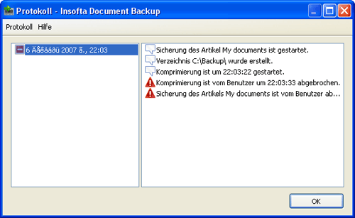 Document Backup: Protokollfenster